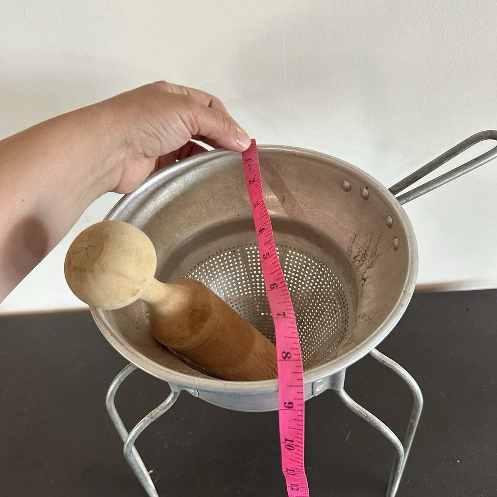 Vintage Aluminum Wear-Ever Sieve Cone Strainer Wood Pestle w/ Stand Canning